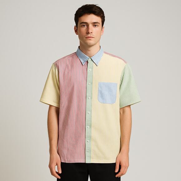 IZOD Colorblock Stripe Shirt Mens Large Patchwork Pastel Short Sleeve Cotton - Picture 1 of 16